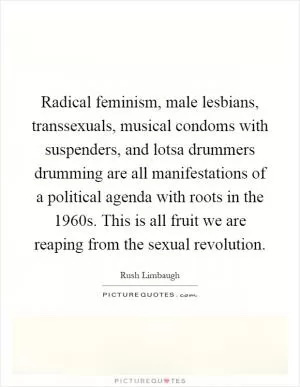 Radical feminism, male lesbians, transsexuals, musical condoms with suspenders, and lotsa drummers drumming are all manifestations of a political agenda with roots in the 1960s. This is all fruit we are reaping from the sexual revolution Picture Quote #1