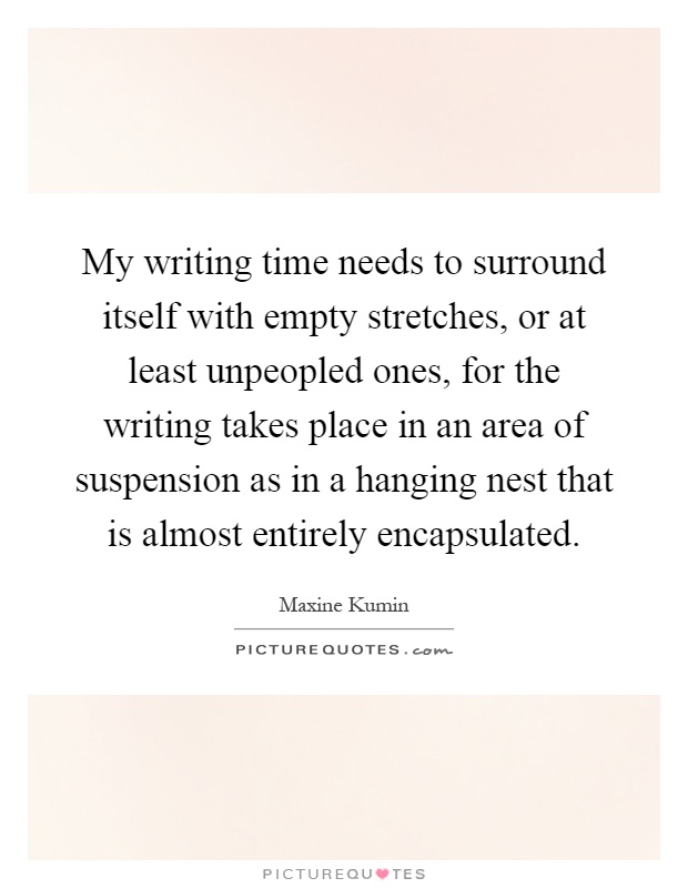 My writing time needs to surround itself with empty stretches, or at least unpeopled ones, for the writing takes place in an area of suspension as in a hanging nest that is almost entirely encapsulated Picture Quote #1