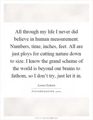 All through my life I never did believe in human measurement. Numbers, time, inches, feet. All are just ploys for cutting nature down to size. I know the grand scheme of the world is beyond our brains to fathom, so I don’t try, just let it in Picture Quote #1