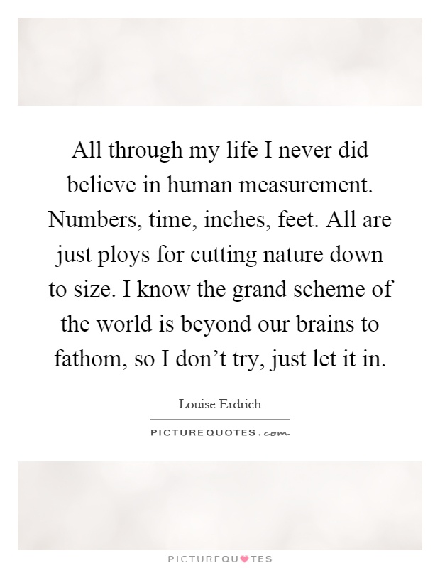 All through my life I never did believe in human measurement. Numbers, time, inches, feet. All are just ploys for cutting nature down to size. I know the grand scheme of the world is beyond our brains to fathom, so I don't try, just let it in Picture Quote #1
