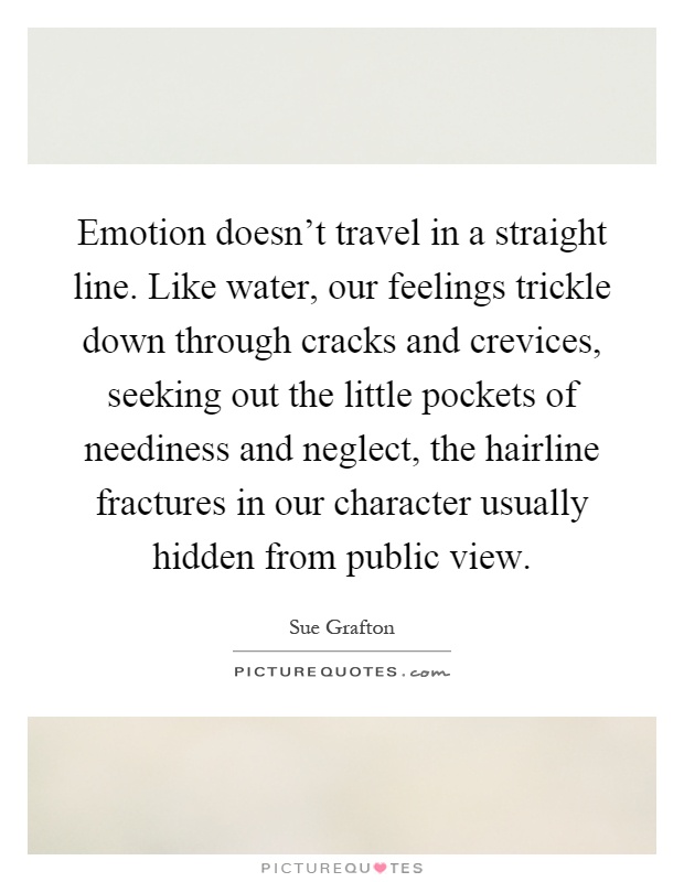 Emotion doesn't travel in a straight line. Like water, our feelings trickle down through cracks and crevices, seeking out the little pockets of neediness and neglect, the hairline fractures in our character usually hidden from public view Picture Quote #1