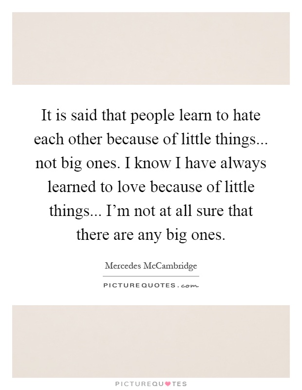 It is said that people learn to hate each other because of little things... not big ones. I know I have always learned to love because of little things... I'm not at all sure that there are any big ones Picture Quote #1