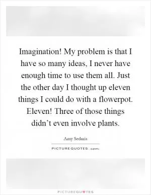 Imagination! My problem is that I have so many ideas, I never have enough time to use them all. Just the other day I thought up eleven things I could do with a flowerpot. Eleven! Three of those things didn’t even involve plants Picture Quote #1