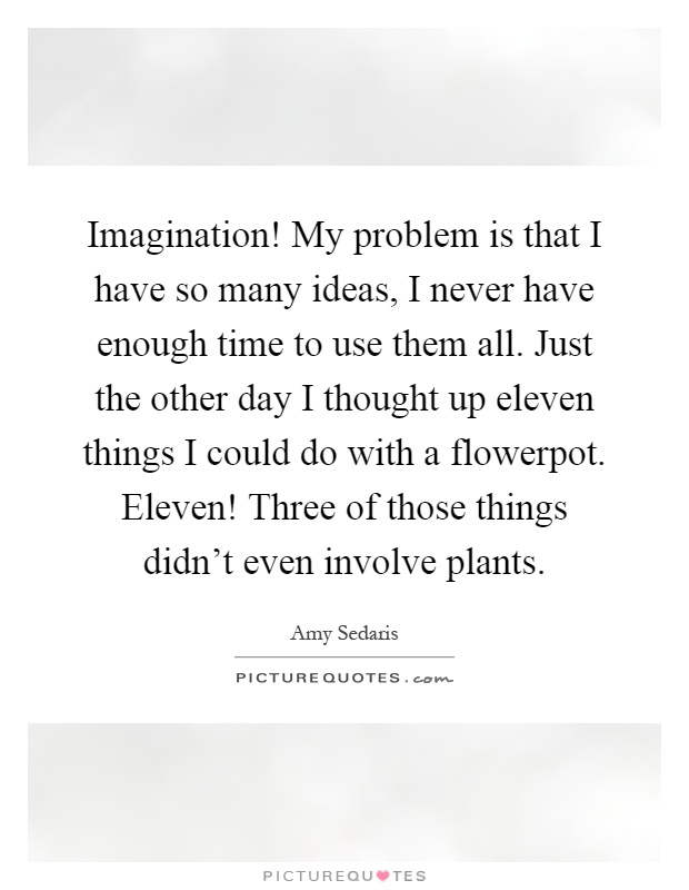 Imagination! My problem is that I have so many ideas, I never have enough time to use them all. Just the other day I thought up eleven things I could do with a flowerpot. Eleven! Three of those things didn't even involve plants Picture Quote #1