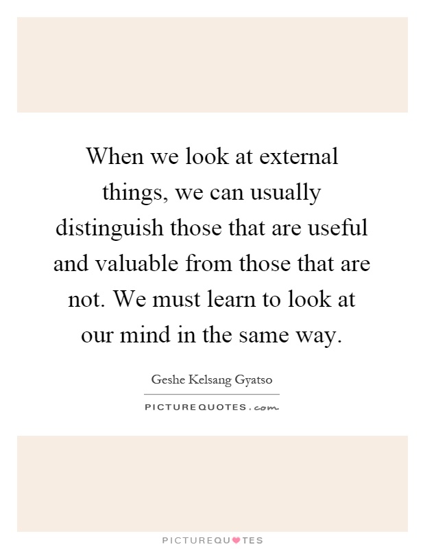 When we look at external things, we can usually distinguish those that are useful and valuable from those that are not. We must learn to look at our mind in the same way Picture Quote #1