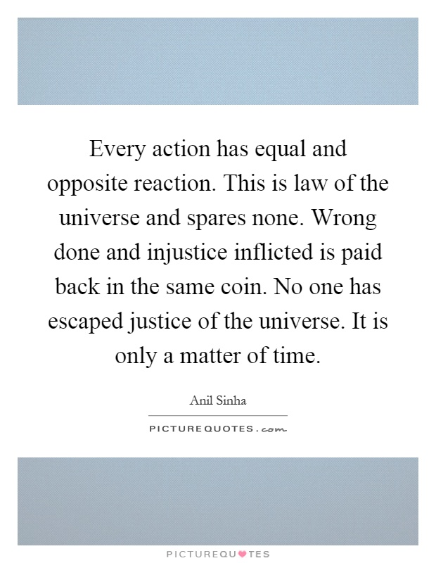 Every action has equal and opposite reaction. This is law of the universe and spares none. Wrong done and injustice inflicted is paid back in the same coin. No one has escaped justice of the universe. It is only a matter of time Picture Quote #1