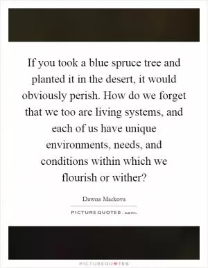 If you took a blue spruce tree and planted it in the desert, it would obviously perish. How do we forget that we too are living systems, and each of us have unique environments, needs, and conditions within which we flourish or wither? Picture Quote #1