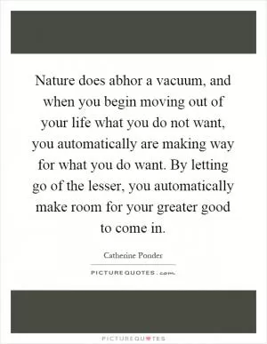 Nature does abhor a vacuum, and when you begin moving out of your life what you do not want, you automatically are making way for what you do want. By letting go of the lesser, you automatically make room for your greater good to come in Picture Quote #1