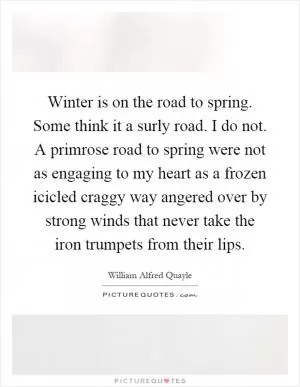 Winter is on the road to spring. Some think it a surly road. I do not. A primrose road to spring were not as engaging to my heart as a frozen icicled craggy way angered over by strong winds that never take the iron trumpets from their lips Picture Quote #1