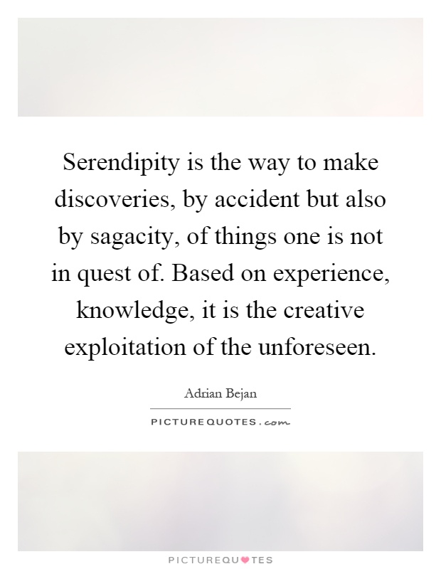 Serendipity is the way to make discoveries, by accident but also by sagacity, of things one is not in quest of. Based on experience, knowledge, it is the creative exploitation of the unforeseen Picture Quote #1