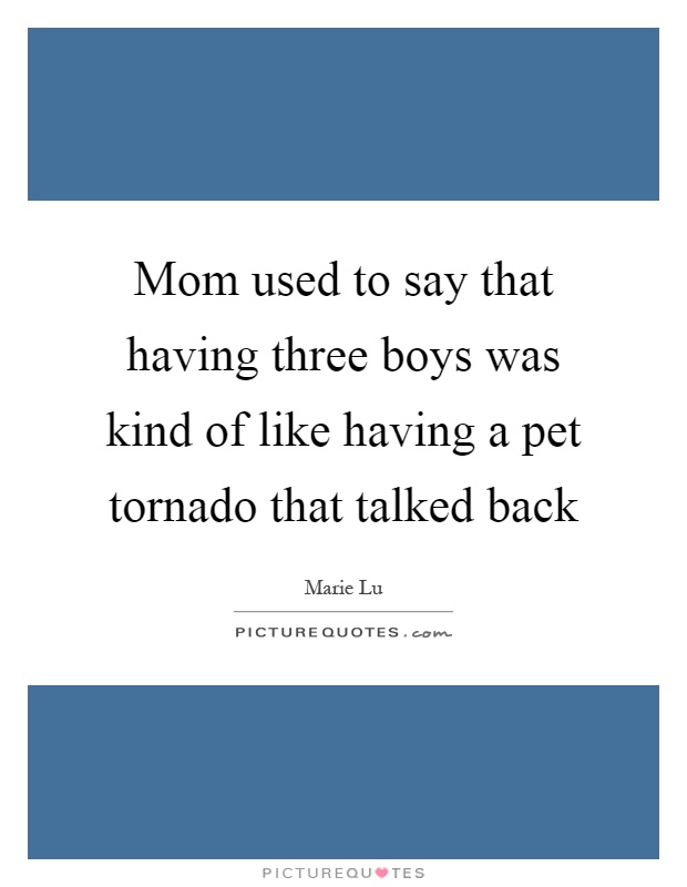Mom used to say that having three boys was kind of like having a pet tornado that talked back Picture Quote #1