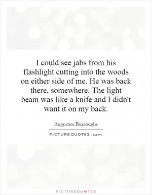 I could see jabs from his flashlight cutting into the woods on either side of me. He was back there, somewhere. The light beam was like a knife and I didn't want it on my back Picture Quote #1