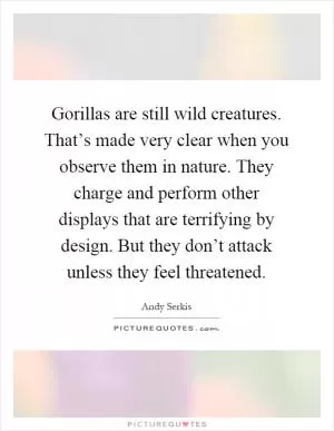 Gorillas are still wild creatures. That’s made very clear when you observe them in nature. They charge and perform other displays that are terrifying by design. But they don’t attack unless they feel threatened Picture Quote #1