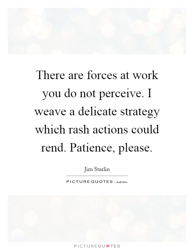 There are forces at work you do not perceive. I weave a delicate strategy which rash actions could rend. Patience, please Picture Quote #1