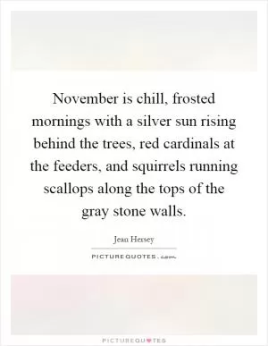 November is chill, frosted mornings with a silver sun rising behind the trees, red cardinals at the feeders, and squirrels running scallops along the tops of the gray stone walls Picture Quote #1