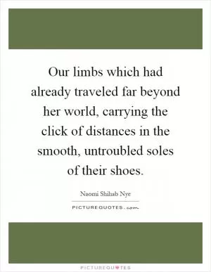 Our limbs which had already traveled far beyond her world, carrying the click of distances in the smooth, untroubled soles of their shoes Picture Quote #1