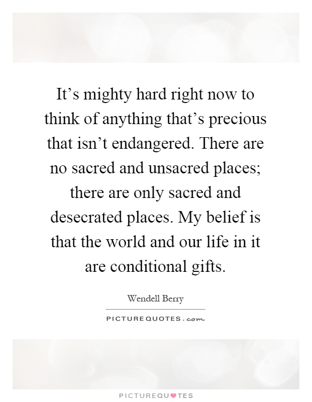 It's mighty hard right now to think of anything that's precious that isn't endangered. There are no sacred and unsacred places; there are only sacred and desecrated places. My belief is that the world and our life in it are conditional gifts Picture Quote #1