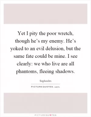 Yet I pity the poor wretch, though he’s my enemy. He’s yoked to an evil delusion, but the same fate could be mine. I see clearly: we who live are all phantoms, fleeing shadows Picture Quote #1