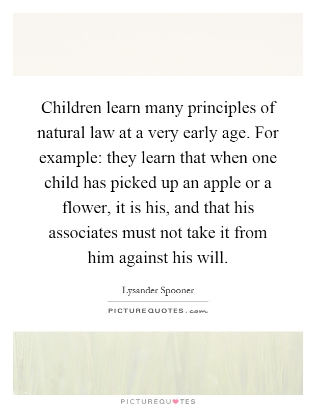 Children learn many principles of natural law at a very early age. For example: they learn that when one child has picked up an apple or a flower, it is his, and that his associates must not take it from him against his will Picture Quote #1