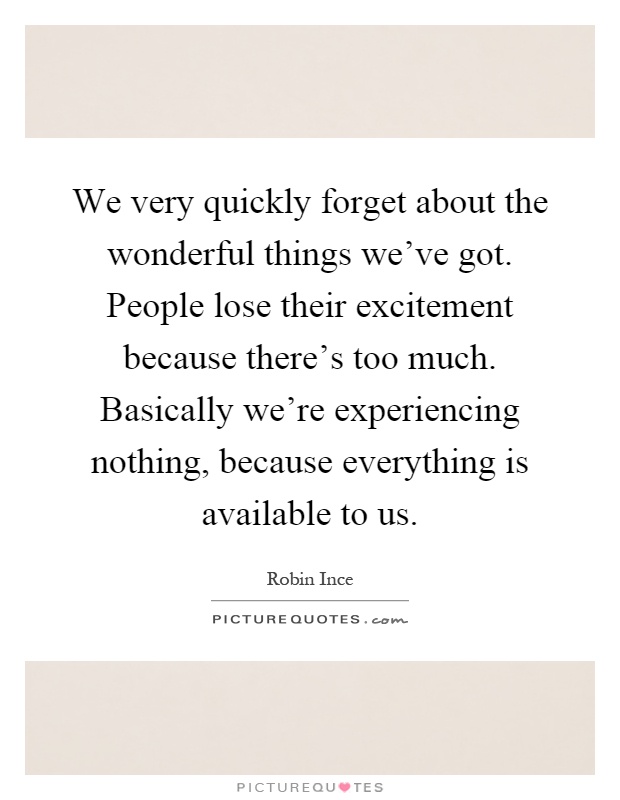 We very quickly forget about the wonderful things we've got. People lose their excitement because there's too much. Basically we're experiencing nothing, because everything is available to us Picture Quote #1