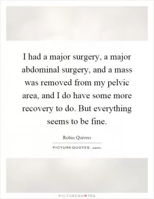 I had a major surgery, a major abdominal surgery, and a mass was removed from my pelvic area, and I do have some more recovery to do. But everything seems to be fine Picture Quote #1