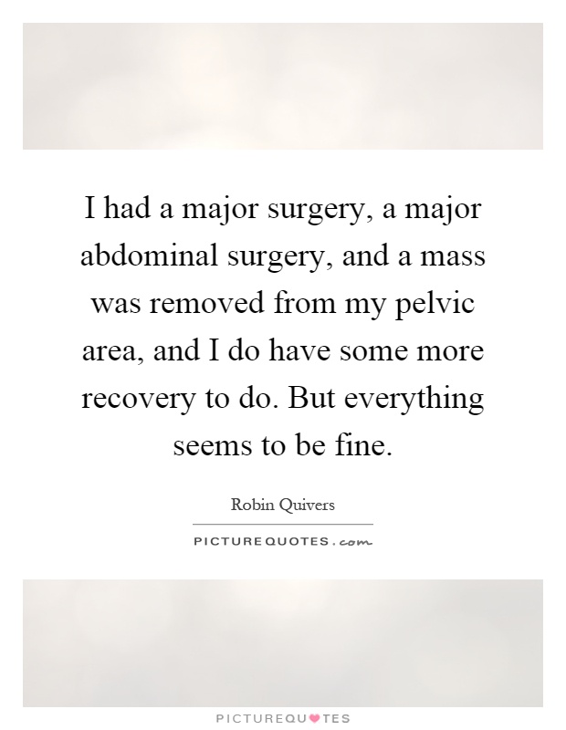 I had a major surgery, a major abdominal surgery, and a mass was removed from my pelvic area, and I do have some more recovery to do. But everything seems to be fine Picture Quote #1