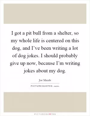 I got a pit bull from a shelter, so my whole life is centered on this dog, and I’ve been writing a lot of dog jokes. I should probably give up now, because I’m writing jokes about my dog Picture Quote #1