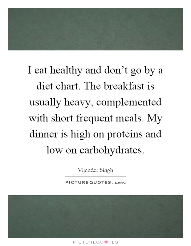I eat healthy and don't go by a diet chart. The breakfast is usually heavy, complemented with short frequent meals. My dinner is high on proteins and low on carbohydrates Picture Quote #1