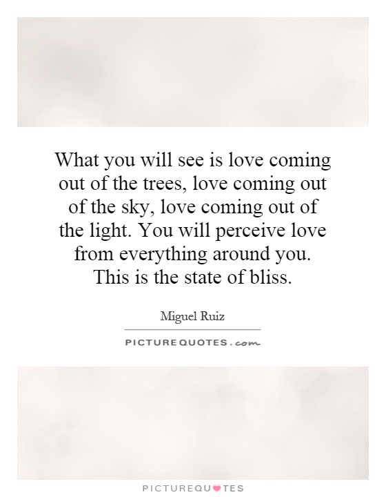 What you will see is love coming out of the trees, love coming out of the sky, love coming out of the light. You will perceive love from everything around you. This is the state of bliss Picture Quote #1