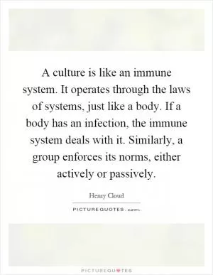 A culture is like an immune system. It operates through the laws of systems, just like a body. If a body has an infection, the immune system deals with it. Similarly, a group enforces its norms, either actively or passively Picture Quote #1
