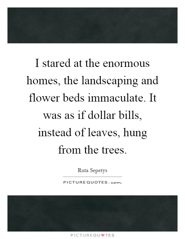 I stared at the enormous homes, the landscaping and flower beds immaculate. It was as if dollar bills, instead of leaves, hung from the trees Picture Quote #1