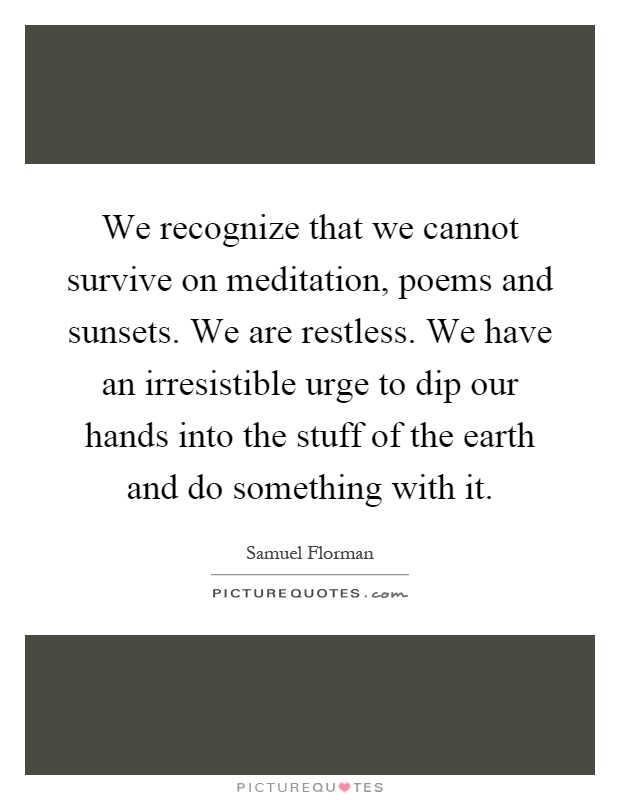 We recognize that we cannot survive on meditation, poems and sunsets. We are restless. We have an irresistible urge to dip our hands into the stuff of the earth and do something with it Picture Quote #1