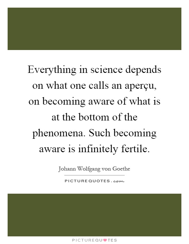 Everything in science depends on what one calls an aperçu, on becoming aware of what is at the bottom of the phenomena. Such becoming aware is infinitely fertile Picture Quote #1