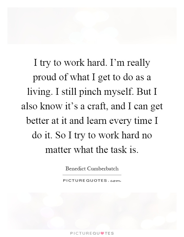 I try to work hard. I'm really proud of what I get to do as a living. I still pinch myself. But I also know it's a craft, and I can get better at it and learn every time I do it. So I try to work hard no matter what the task is Picture Quote #1