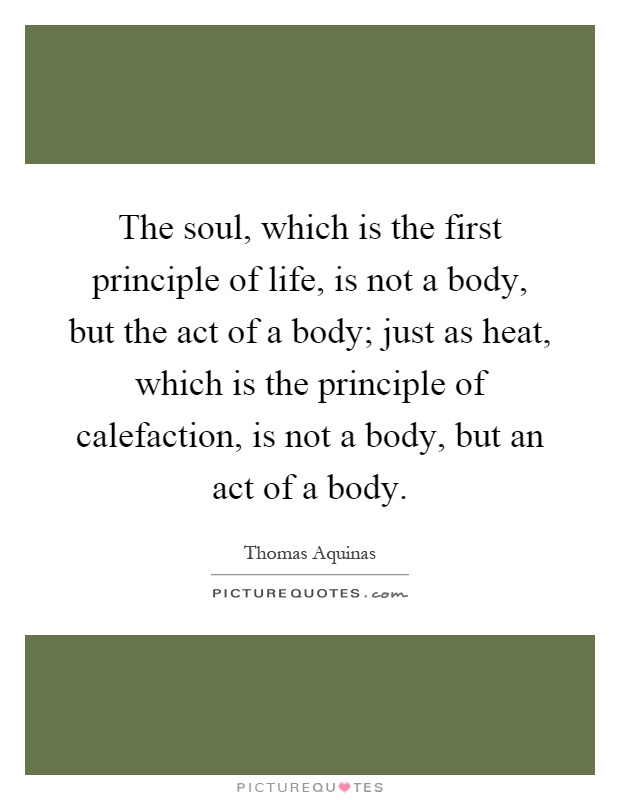 The soul, which is the first principle of life, is not a body, but the act of a body; just as heat, which is the principle of calefaction, is not a body, but an act of a body Picture Quote #1