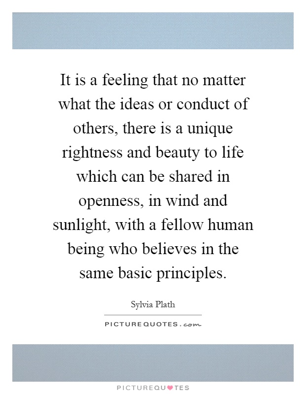 It is a feeling that no matter what the ideas or conduct of others, there is a unique rightness and beauty to life which can be shared in openness, in wind and sunlight, with a fellow human being who believes in the same basic principles Picture Quote #1