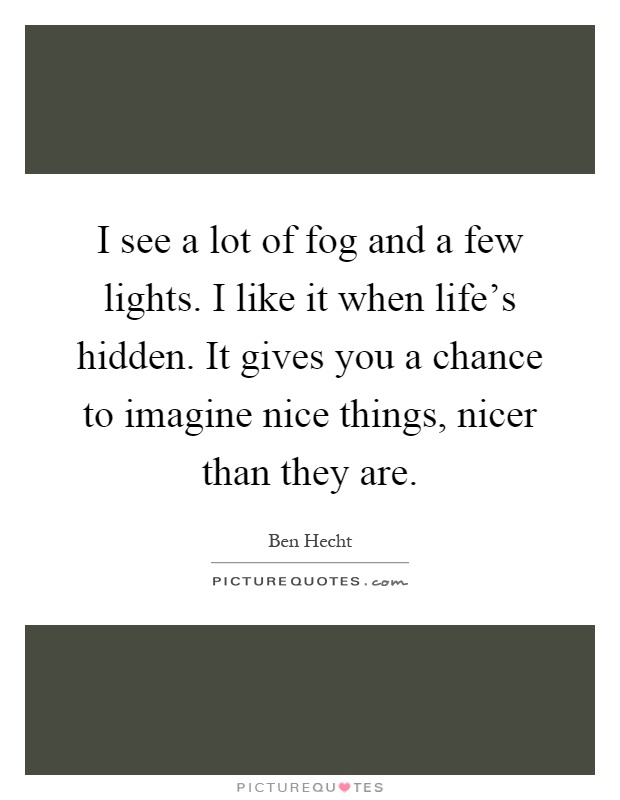 I see a lot of fog and a few lights. I like it when life's hidden. It gives you a chance to imagine nice things, nicer than they are Picture Quote #1
