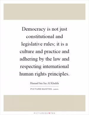 Democracy is not just constitutional and legislative rules; it is a culture and practice and adhering by the law and respecting international human rights principles Picture Quote #1