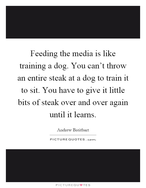 Feeding the media is like training a dog. You can't throw an entire steak at a dog to train it to sit. You have to give it little bits of steak over and over again until it learns Picture Quote #1