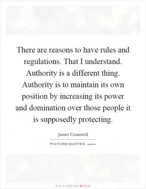 There are reasons to have rules and regulations. That I understand. Authority is a different thing. Authority is to maintain its own position by increasing its power and domination over those people it is supposedly protecting Picture Quote #1