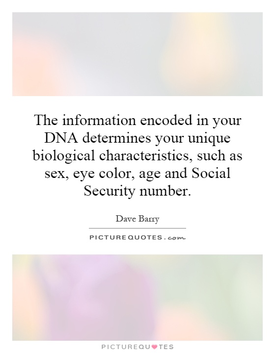 The information encoded in your DNA determines your unique biological characteristics, such as sex, eye color, age and Social Security number Picture Quote #1