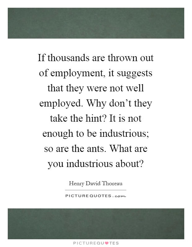 If thousands are thrown out of employment, it suggests that they were not well employed. Why don't they take the hint? It is not enough to be industrious; so are the ants. What are you industrious about? Picture Quote #1