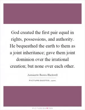 God created the first pair equal in rights, possessions, and authority. He bequeathed the earth to them as a joint inheritance; gave them joint dominion over the irrational creation; but none over each other Picture Quote #1