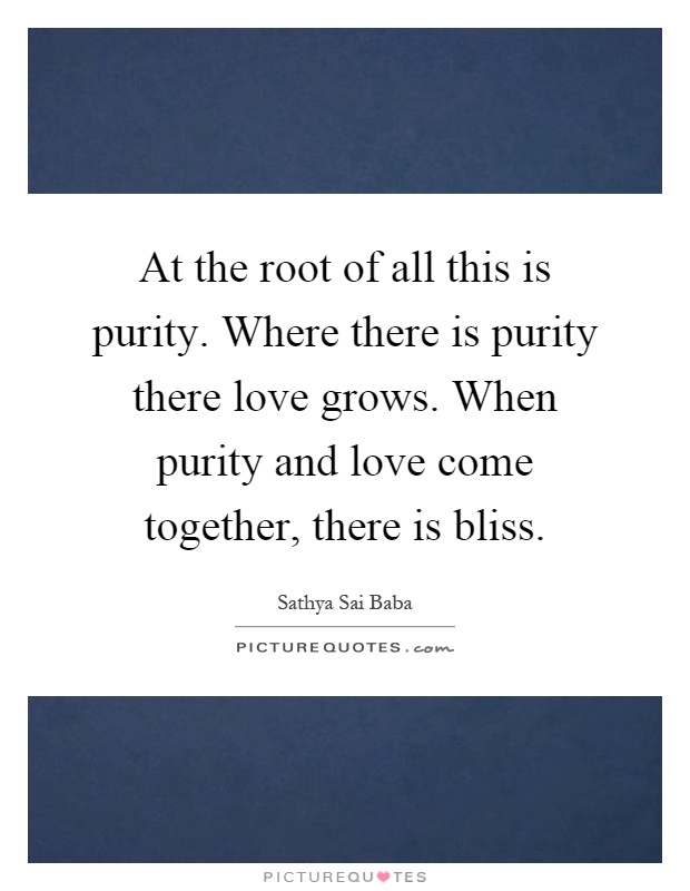 At the root of all this is purity. Where there is purity there love grows. When purity and love come together, there is bliss Picture Quote #1