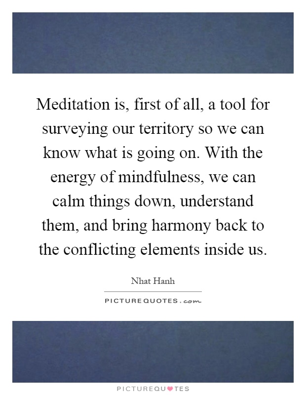 Meditation is, first of all, a tool for surveying our territory so we can know what is going on. With the energy of mindfulness, we can calm things down, understand them, and bring harmony back to the conflicting elements inside us Picture Quote #1