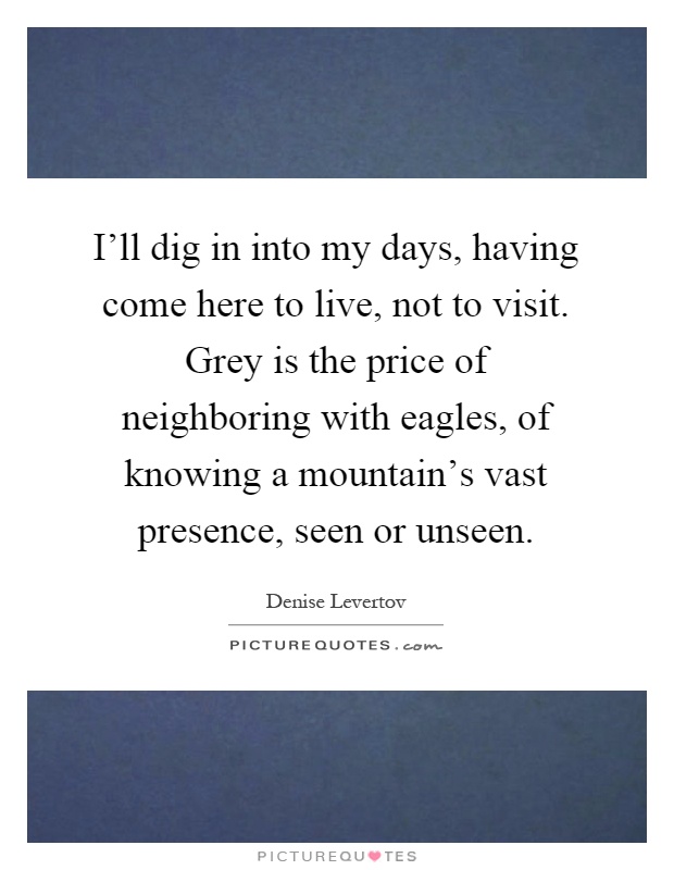 I'll dig in into my days, having come here to live, not to visit. Grey is the price of neighboring with eagles, of knowing a mountain's vast presence, seen or unseen Picture Quote #1