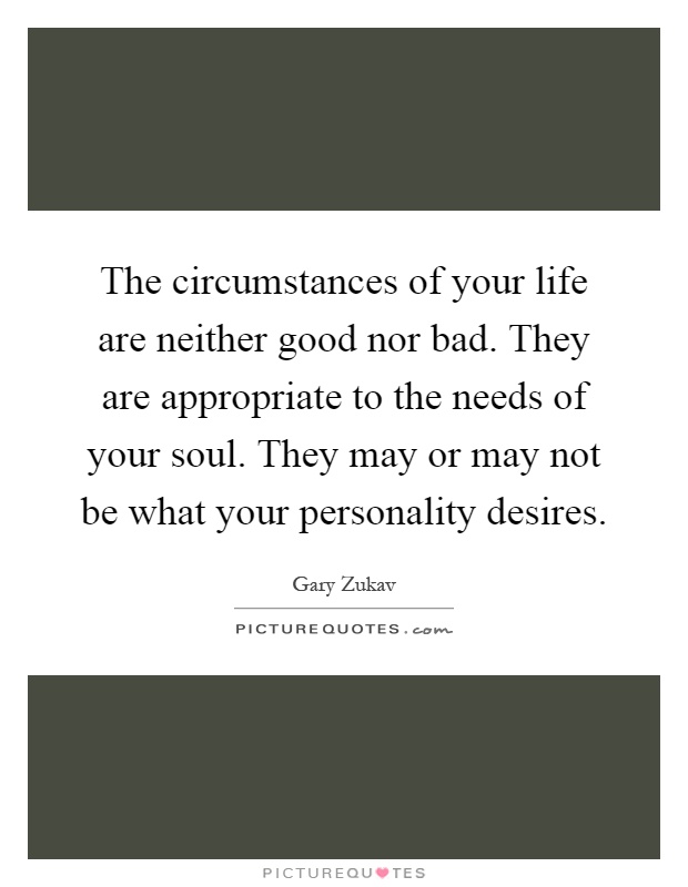 The circumstances of your life are neither good nor bad. They are appropriate to the needs of your soul. They may or may not be what your personality desires Picture Quote #1