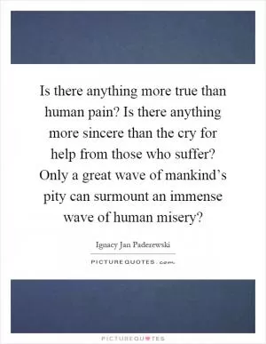 Is there anything more true than human pain? Is there anything more sincere than the cry for help from those who suffer? Only a great wave of mankind’s pity can surmount an immense wave of human misery? Picture Quote #1