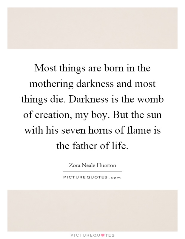 Most things are born in the mothering darkness and most things die. Darkness is the womb of creation, my boy. But the sun with his seven horns of flame is the father of life Picture Quote #1