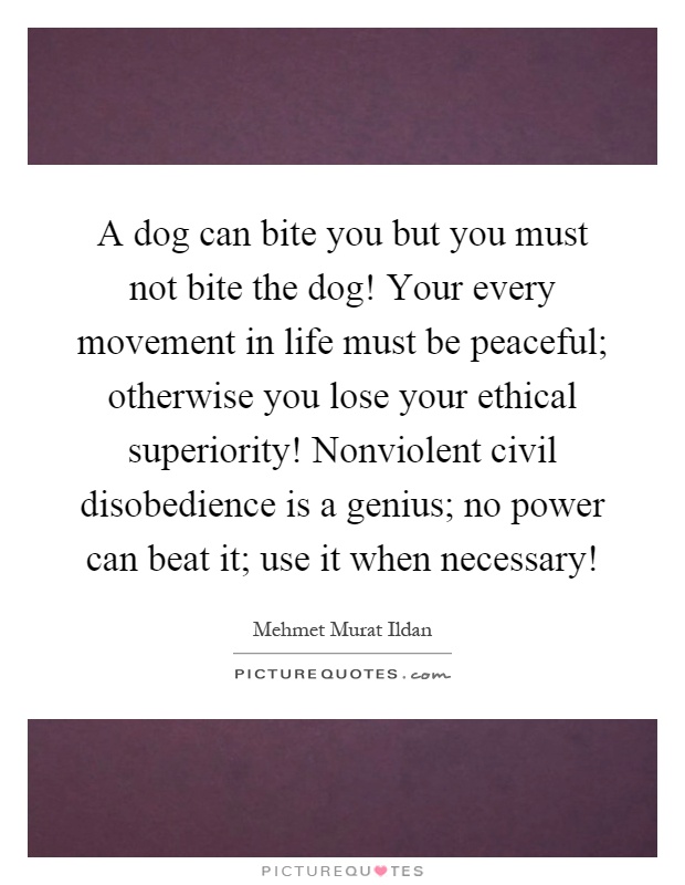 A dog can bite you but you must not bite the dog! Your every movement in life must be peaceful; otherwise you lose your ethical superiority! Nonviolent civil disobedience is a genius; no power can beat it; use it when necessary! Picture Quote #1